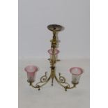 Victorian-style ceiling light with central acanthus knopped column issuing three scrolling arms,