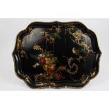 Victorian papier mâché tray with printed and painted exotic bird and floral decoration,