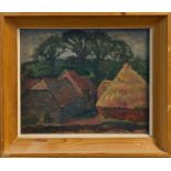 Hubert Lindsay Wellington (1879 - 1967), oil on board - Farmstead and Haystack, framed, 21cm x 25.