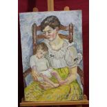 Joanna Shelton (nee Jackson 1916 - 1991), oil on board - portrait of a mother and child,