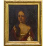 Follower of Sir Godfrey Kneller, oil on canvas - half length portrait of a young lady in red shawl,