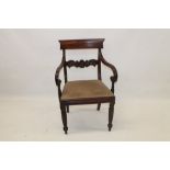 Regency mahogany elbow chair with carved bar back and overscroll arms,