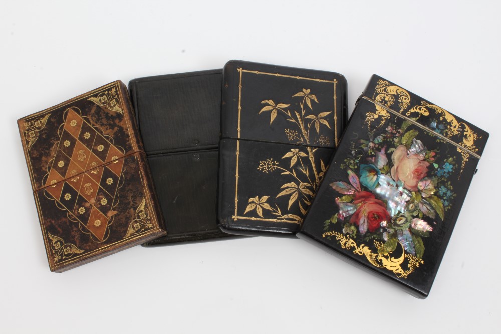 Victorian papier mâché card case with mother of pearl and painted floral decoration, 10.25cm x 7.