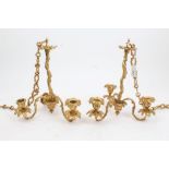 Pair late 19th / early 20th century gilt metal three-branch hanging chandeliers with cast vine