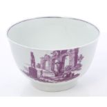 18th century Worcester Hancock purple printed bowl decorated with classical ruins, circa 1765,