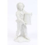 19th century German blanc-de-chine porcelain figure of a man holding a drum clock - blue crossed