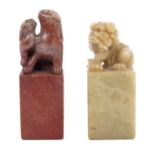 Fine Chinese carved red soapstone seal, the finial with temple dogs, six character seal, 7cm high,
