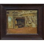 Benjamin Williams Leader (1831 - 1923), oil on board - cottage interior, in oak frame, 23cm x 30cm.