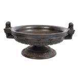 19th century Grand Tour bronze pedestal tazza with reeded handles,