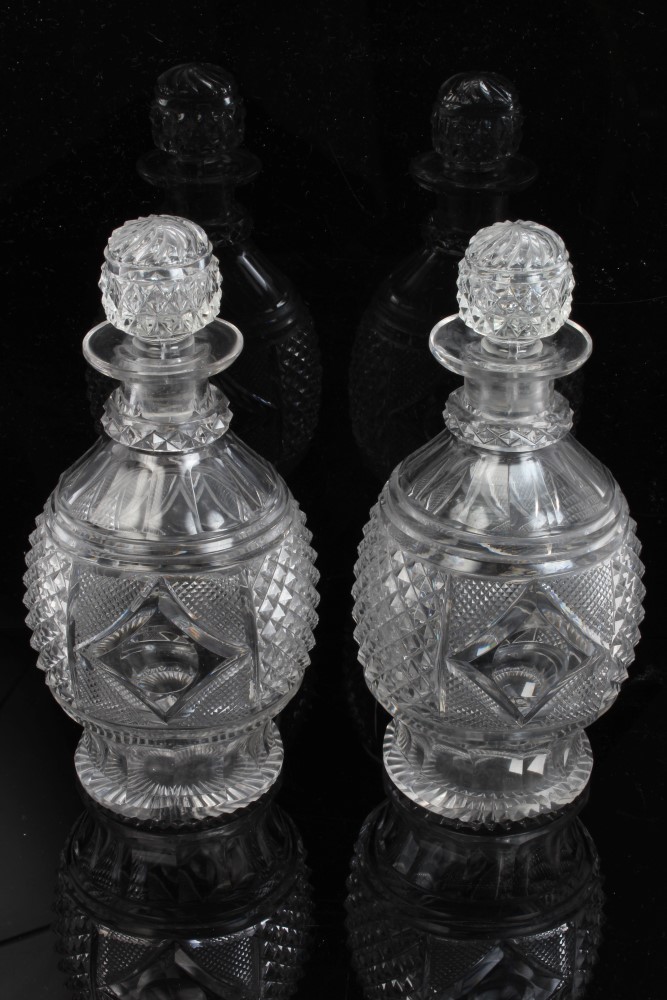 Pair good quality George IV cut glass decanters with stoppers and diamond and slice cut decoration,