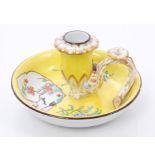 19th century Meissen yellow ground chamber candlestick with Kakiemon-style bird and floral