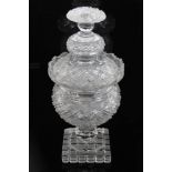 Good quality George IV cut glass urn and cover with hobnail diamond cut and fan cut decoration,