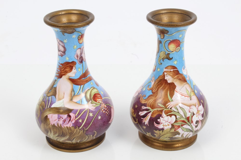 Pair late 19th century Viennese enamel vases of squat form,