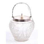 Edwardian silver mounted cut glass biscuit barrel with flower-head and strawberry pattern