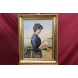 Late Victorian / Edwardian English School oil on canvas - The Letter, a female figure on a beach,