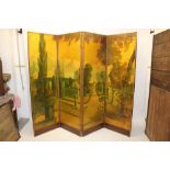 Impressive early 20th century painted leather four fold screen handpainted and gilt heightened with