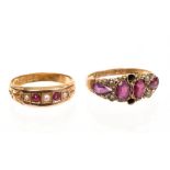 Victorian gold (15ct) garnet and seed pearl ring with engraved shank (Birmingham 1872).