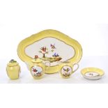 Early 20th century Dresden miniature part cabaret set on tray with polychrome painted bird
