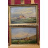 Pair 19th century English School oils on canvas - fishing vessels off the coast, in gilt frame,