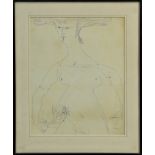 *Robert Colquhoun (1914 - 1962), pen study - nude female holding flowers, in glazed frame,