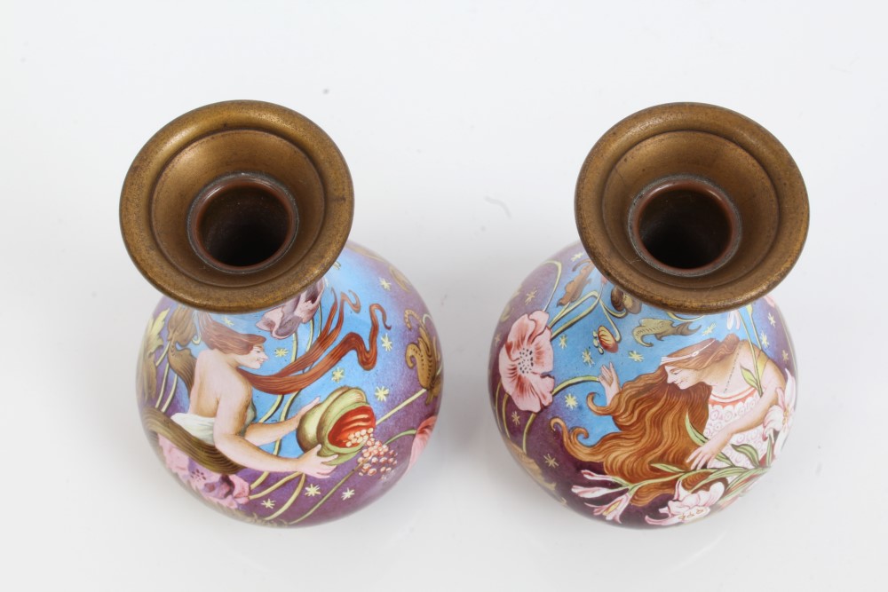 Pair late 19th century Viennese enamel vases of squat form, - Image 3 of 6