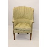 George III-style barrel back armchair well upholstered in brass stud closed green silk damask,