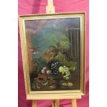 Late 19th century Continental School oil on board - still life of fruit and finches on a ledge,