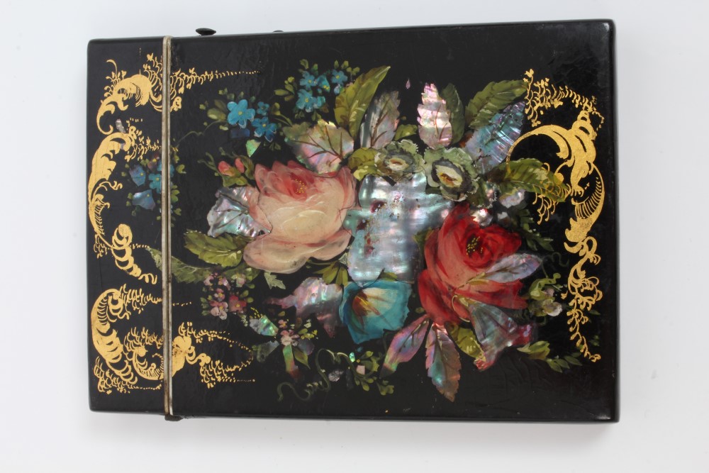 Victorian papier mâché card case with mother of pearl and painted floral decoration, 10.25cm x 7. - Image 2 of 9