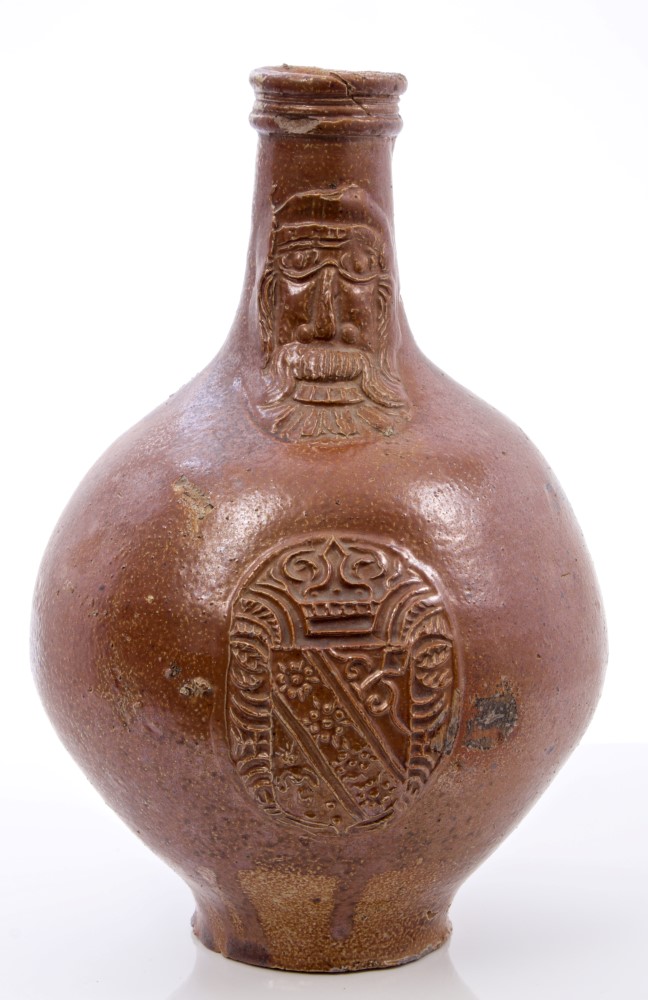 17th century Rhenish stoneware Bellarmine bottle with brown mottled glaze, string neck, - Image 2 of 4