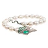 Emerald, diamond and cultured pearl snake bangle, the head with marquise cut emerald,