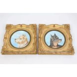 Pair Victorian Royal Worcester outside painted dog subject plates mounted in ornate gilt plaster