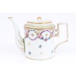 18th century French Boissettes porcelain drum teapot and cover with painted polychrome and gilt