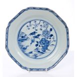 18th century Chinese export blue and white octagonal plate with duck and floral decoration,