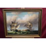 James Hardy, 20th century oil on canvas laid on board - two ships in battle, signed, in gilt frame,