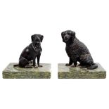 Pair Victorian bronze figures of seated dogs on green variegated marble base, 15cm - 16cm high,