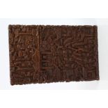 19th century Chinese carved sandalwood card case with intricately carved figure and building