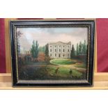 Mid-19th century English School oil on paper laid on canvas - a Cambridgeshire country house with