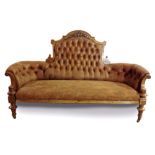 Good quality Victorian carved walnut framed suite comprising tub-shaped sofa with buttoned brown