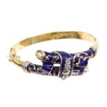 Victorian-style diamond and blue enamel hinged bangle of crossover design,