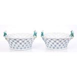 Pair 18th century Meissen pierced round baskets with lattice work and floral bosses and twin