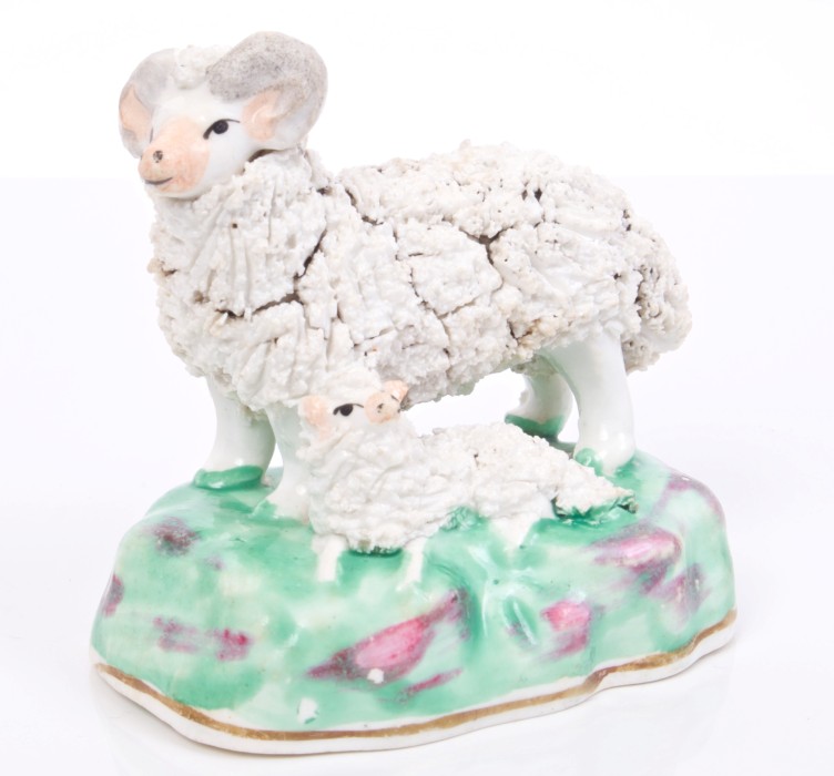 19th century Staffordshire porcelain group of a ram and lamb, on naturalistic base, - Image 2 of 2