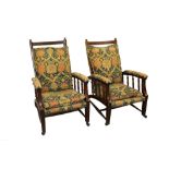 Pair of late 19th / early 20th century William Morris-type mahogany reclining chairs,