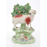 Early 19th century Walton pearlware figure of a ram and lamb with bocage on tiered naturalistic