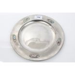 Art Nouveau Tudric pewter and abalone inlaid dish of plain form,