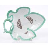 18th century Worcester butterfly printed and moulded leaf-shaped dish with stalk handle and green
