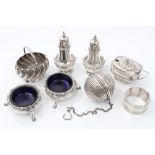 1930s four piece condiment set - comprising pair salts with gadrooned borders and matching pair