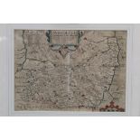17th century hand-coloured map of Suffolk, by Christopher Saxton, circa 1610, in glazed frame,
