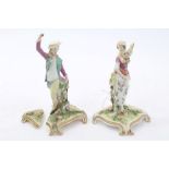 Pair 18th century Chelsea figures of gardeners, circa 1760, on naturalistic bases,
