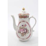 Late 18th century Worcester polychrome coffee pot and cover with painted famille rose palette