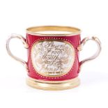 Victorian Coalport loving cup with painted landscape and inscription,
